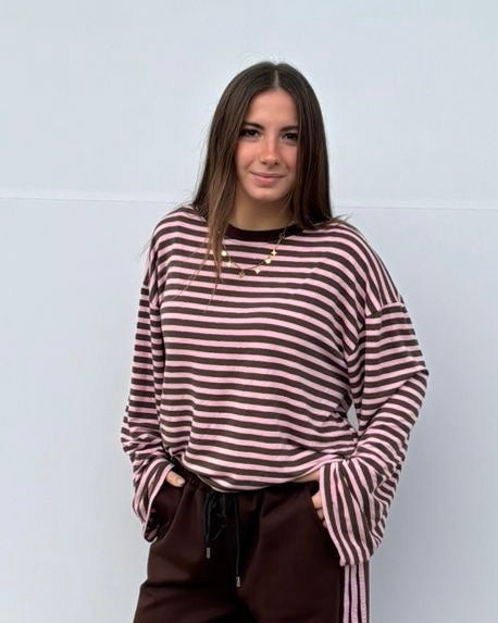 MAGLIA RIGHE MANICA A TUBO ROSA