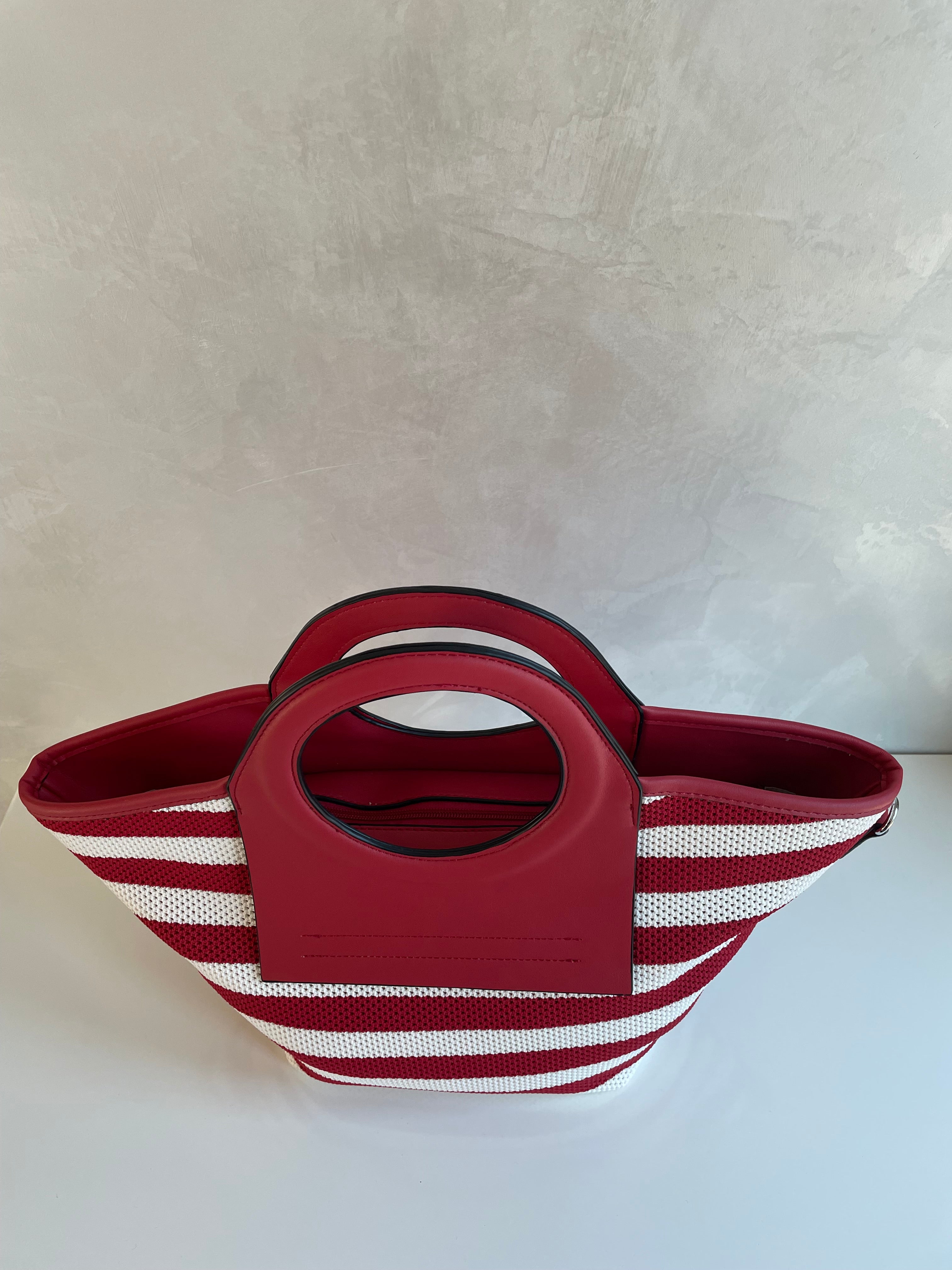 BORSA A MANO LIA A RIGHE BIANCHE E ROSSE