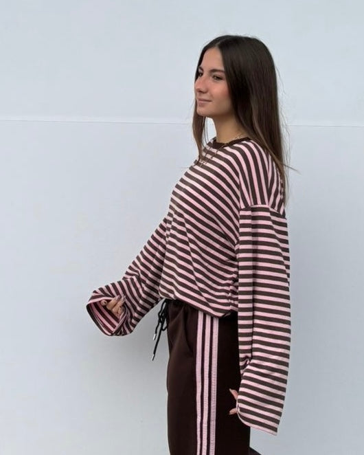 MAGLIA RIGHE MANICA A TUBO ROSA