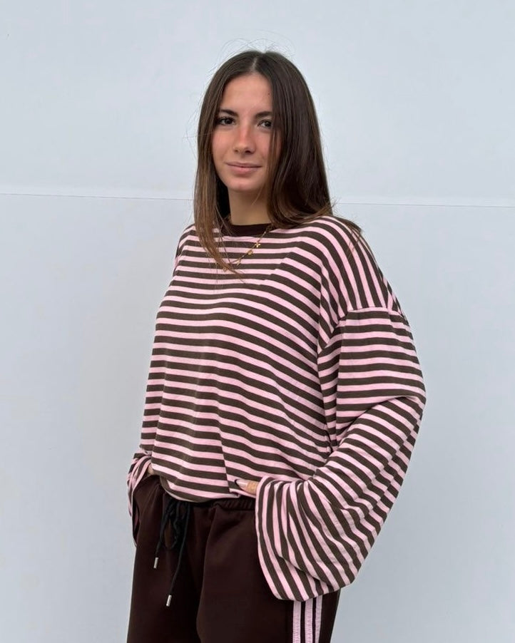 MAGLIA RIGHE MANICA A TUBO ROSA