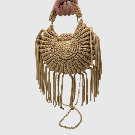 BORSA A MANO STELLA IN TESSUTO CON FRANGE E TRACOLLA